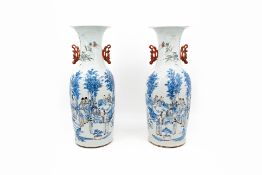 A pair of Chinese blue and Famille rose two-side finely decorated porcelain vases
