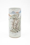A Chinese cylinder shaped Qianjiang cai with mountain decorated porcelain hat vase