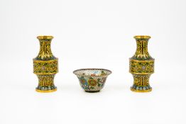 A pair of finely decorated Chinese cloisonne vases, together with a plique-à-jour bowl
