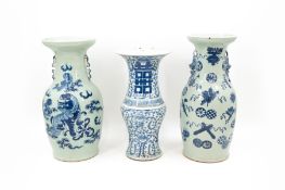 A composed lot of three Chinese blue and white porcelain variously decorated and shaped vases