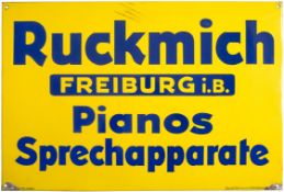 Emailschild Ruckmich, Pianos, Sprechapparate, Freiburg im Breisgau um 1930 (1-)