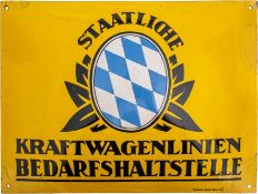 Emailschild Staatliche Kraftwagenlinien Bedarfshaltstelle, Bayern um 1930 (2-)