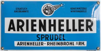 Emailschild Arienheller Sprudel, Traumzustand! Rheinbrohl am Rhein um 1940 (0)