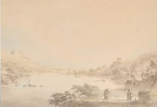 Anthony Devis (1729-1817) British. 'Lake Scene', Watercolour and pencil, Inscribed on labels