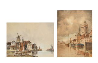 Hermanus Koekkoek (1836-1909) Dutch. Dutch Harbour, Watercolour, Signed Louis van Staaten, 14.25"