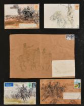 Charles Clayton (20th Century) British. Collection of Five Military Illustrations (on envelopes),