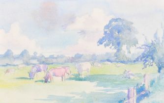 Amy Watt (1900-1956) British. 'Cattle, Dedham Vale', Watercolour, Inscribed verso, 8.5" x 13" (21.