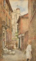 Early 20th Century English School. Girl with a Hoop in a Lane, Watercolour, 18" x 11" (45.7 x 27.