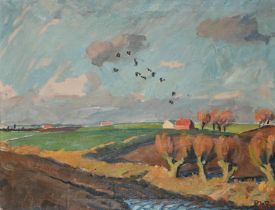 Peder Larsen Birkebjerg (1907-1993) Danish. Birds over the Fields, Oil on canvas, Signed with