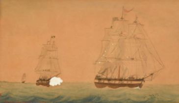 19th Century English School. A Merchant Ship under Fire, Watercolour, Indistinctly inscribed, 4.6" x