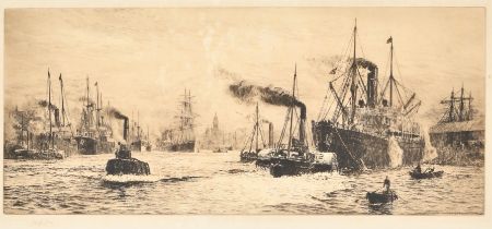 William Lionel Wyllie (1851-1931) British. "The Clyde at Govan", Etching, Signed in pencil, 7.9" x