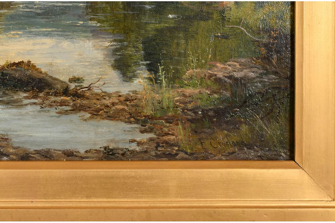 Enoch Crosland (1860-1938) British. Fly Fishing, Oil on canvas, Signed, 12" x 18" (30.5 x 45.7cm) - Image 3 of 4