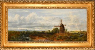 John Wright Oakes (1820-1887) British. Figures Feeding Ducks in a River with a Windmill beyond,