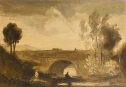 Philip Hugh Padwick (1876-1958) British. Figures by a Bridge, Oil on artist's board, Signed, 14