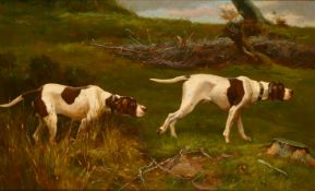 Alfred Arthur Duke (1836-1915) British. Pointers on the Scent, Oil on board, Signed, 17.5