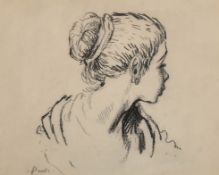 Mervyn Peake (1911-1968) British. Profile of a Girl with a Bun in her Hair, Black chalk, Signed in