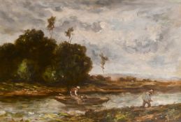 Narcisse Virgile Diaz de la Pena (1807-1876) French. Figures Towing a Boat, Oil on panel, Signed,