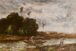 Narcisse Virgile Diaz de la Pena (1807-1876) French. Figures Towing a Boat, Oil on panel, Signed,