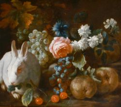 Franz Werner Von Tamm (1658-1724) German. A Rabbit with Fruit and Flowers, Oil on canvas, 17" x