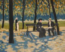 20th-21st Century French School. Figures on a Park Bench, Oil on board, 16.5