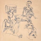 Somnath Hore (1921-2006) Indian. Seated Figures with a Dog, Ink, Signed with initial S and dated 2 2