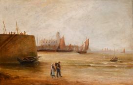 Circle of Charles Thomas Burt (1823-1902) British. Figures on a Beach near a Harbour, Oil on canvas,