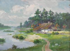 Emil Lindeman (1864-1945) Polish. Cottage by the River, Oil on board, Signed and dated 1920, 10