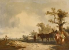 Late 18th Century European School. Figures and Carts in a Landscape, Oil on canvas, Inscribed on