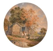 John Steeple (1823-1887) British. Figures by Farm Buildings, Watercolour, Signed and dated 1855, and