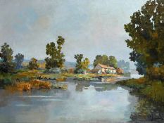 Andre Jourcin (1905-1974) French. Cottage on a River, Oil on canvas, Signed, and signed verso, 21.