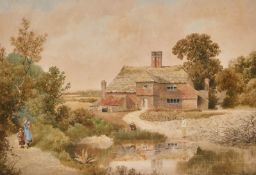 Albert Edward Bowers (act.1875-1892) British. Figures by a River, Watercolour, Signed, 15.25