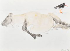 Elisabeth Frink (1930-1993) British. Sheep and Oyster Catcher, Watercolour and pencil, Signed and