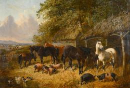 John Frederick Herring Jnr (1820-1907) British. A Farmyard with Horses, Pigs and Chickens, Oil on