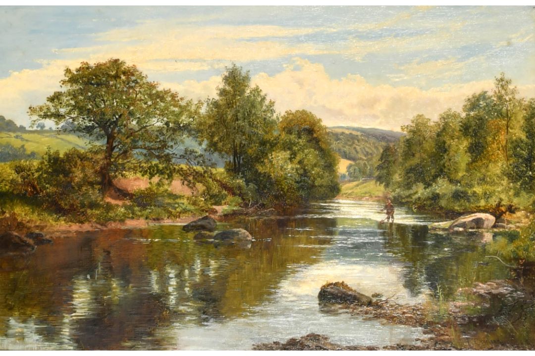 Enoch Crosland (1860-1938) British. Fly Fishing, Oil on canvas, Signed, 12" x 18" (30.5 x 45.7cm) - Image 1 of 4