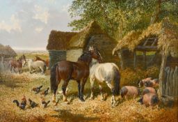 John Frederick Herring Jnr (1820-1907) British. A Farmyard with Horses, Pigs and Chickens, Oil on