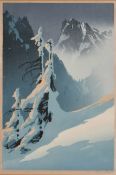 Oscar Droege (1898-1982) German. Wintry Alpine Landscape, Woodcut in colours, Signed in pencil and