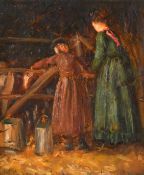 William Darling McKay (1844-1924) British. Mother and Daughter with a Calf, Oil on board, Signed