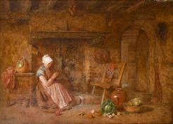 Alfred Provis (1818-1890) British. Knitting, Oil on canvas, Signed, 10.75