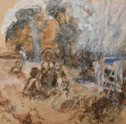 Circle of David Cox (1783-1859) British. A Group of Children in a Park, Watercolour, gouache and