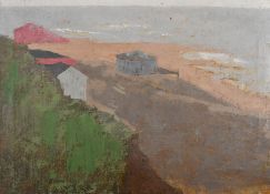 Lionel Bulmer (1919-1992) British. Beach Scene, Oil on canvas, with a nude verso, unframed 15.75