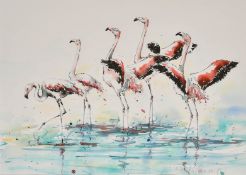 Julia Cassels (1964-) British. Flamingos, Watercolour, Signed in pencil, 18
