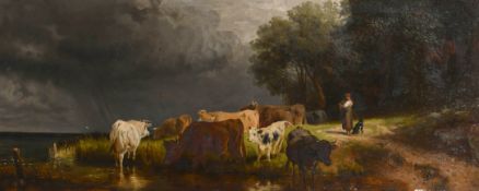 Attributed to Johann Friedrich Voltz (1817-1886) German. A Figure with Cattle at the Water's Edge,