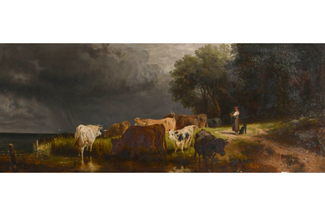 Attributed to Johann Friedrich Voltz (1817-1886) German. A Figure with Cattle at the Water's Edge, - Image 1 of 3