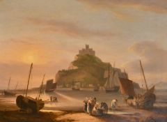 Thomas Luny (1759-1837) British. Saint Michael's Mount, with figures unloading the catch in the
