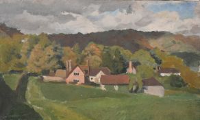 Stephen Bone (1904-1958) British. Landscape with Farm Buildings, Oil on canvas, unframed, 12