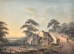 18th Century English School. Figures by a Stone Bridge, Watercolour, mounted unframed 14.25