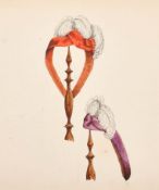 19th Century English School. Hat and Headress Designs, Watercolour and pencil, mounted unframed 5