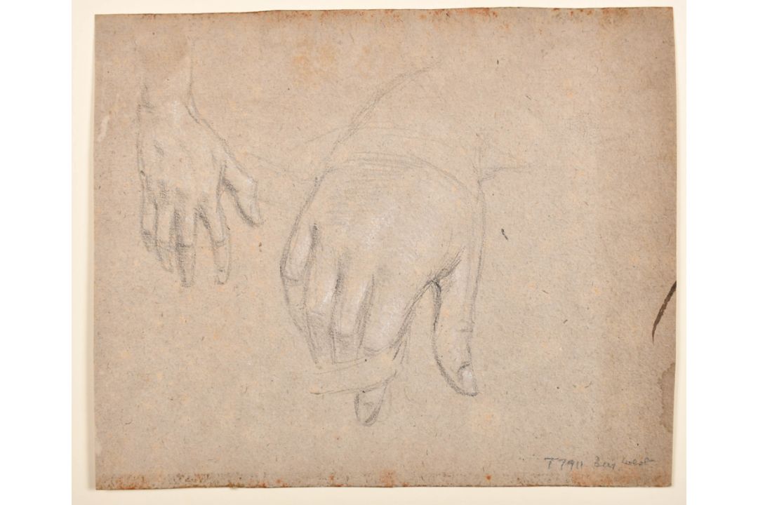 Attributed to Benjamin West (1738-1820) British. Studies of Hands, Chalk, with a study of a horse - Image 2 of 3
