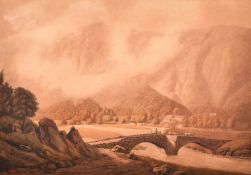 William Green of Ambleside (1760-1823) British. Drover and Cattle Crossing a Stone Bridge,