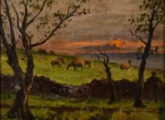 Joseph Dixon Clark (1849-1944) British. Drover and Cattle at Dusk, Oil on board, Signed, 6